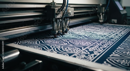 Advanced industrial printer meticulously creating intricate blue and white patterned designs on a