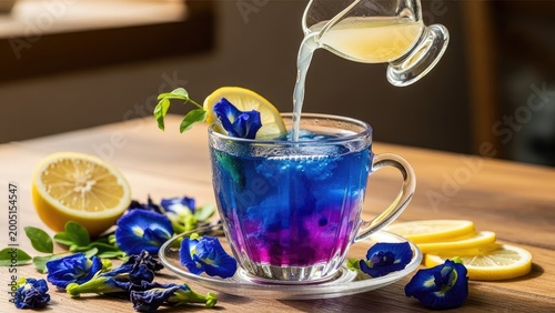 Vibrant butterfly pea tea being poured with lemon juice, colorfully changing the hue