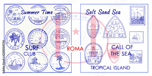 Foto Vintage travel postmarks and stamps collection of summer themed designs