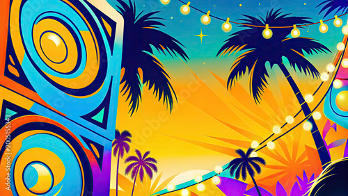 Colorful music party with tropical speaker setup concept. Vibrant sunset scene with speakers, palm trees, and festive lights.