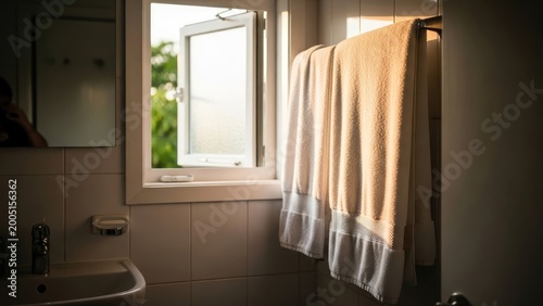 Sunny bathroom interior featuring towels, open window, sink, and mirror with warm light