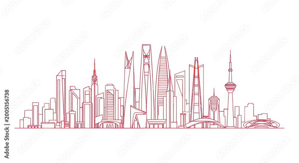 Obraz premium Modern City Skyline Sketch, Architectural Design, Urban Landscape Illustration