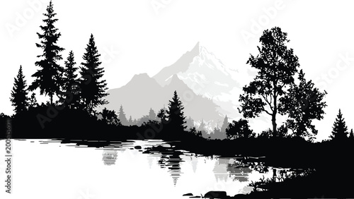 Bild auf Leinwand Serene mountain landscape with trees and a reflective water surface