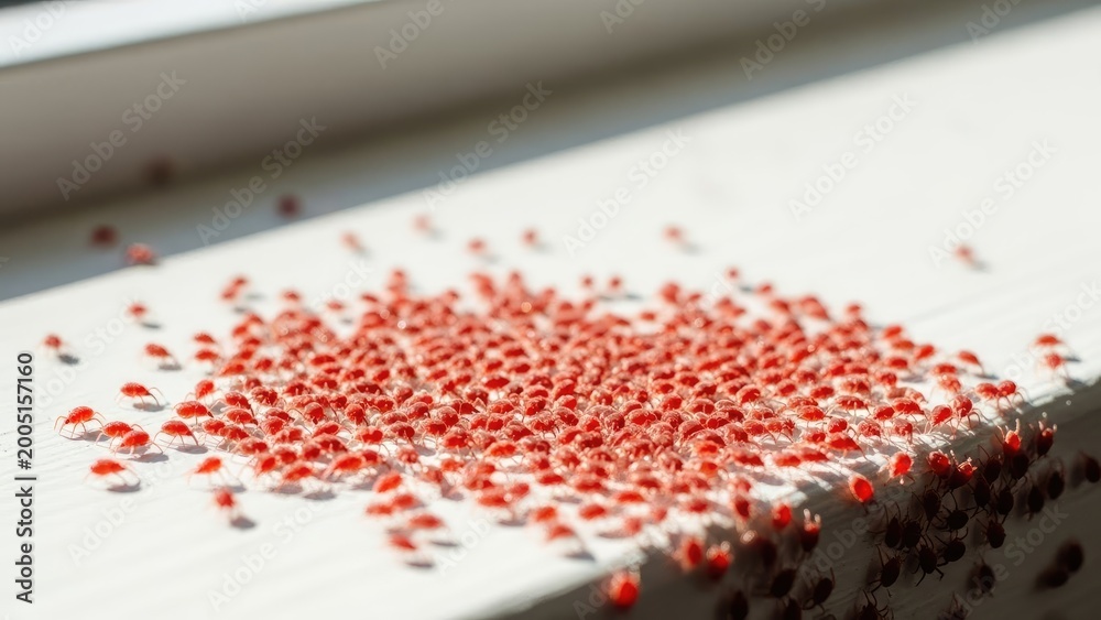 Fototapeta premium Tiny red insects swarm on a windowsill, illuminated by sunlight creating shadows