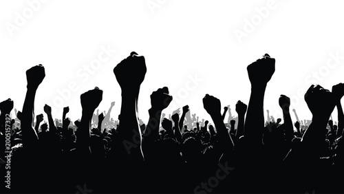 Quadro su tela Silhouetted crowd raising fists in a display of solidarity and protest