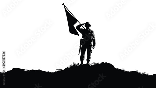 Canvastavla Silhouette of a soldier saluting with a flag on a hilltop