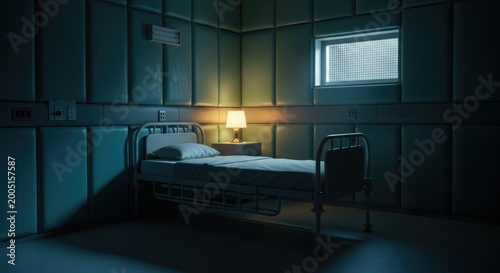 Isolated Psychiatric Ward Room with Bed and Window in Dim Eerie Light