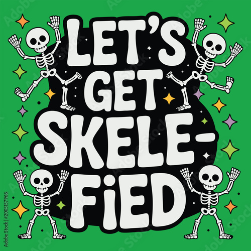 Cartoon skeletons dancing and celebrating with colorful stars on green background