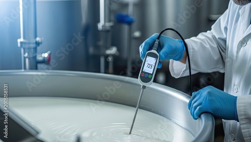 Food production scientist checks temperature of liquid in industrial vat using digital thermometer
