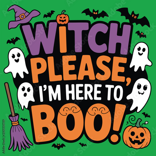 Cute halloween ghosts with witch hat and broom on green background