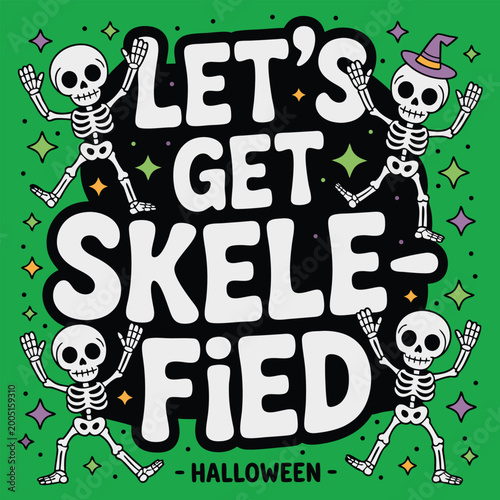 Cartoon skeletons dancing and celebrating halloween with colorful stars on green background