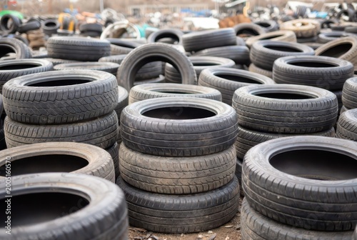 Stacked pile of used car tires at a junkyard, recycling, automotive, scrap, waste, disposal