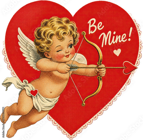 Vintage Cupid Winking on Red Heart with Be Mine Text