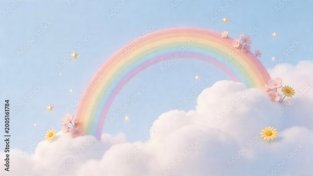 Obraz premium Rainbow in sky with clouds flowers and stars