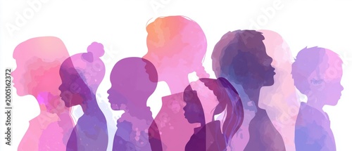 Diverse children silhouettes symbolizing inclusion, equality and unity. Abstract watercolor illustration representing children rights, protection and social diversity for International Children’s Day