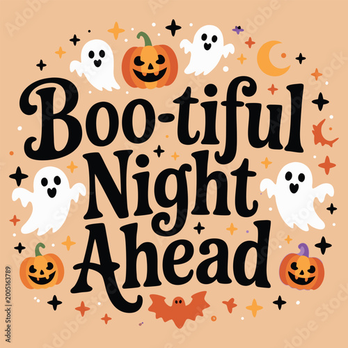 Boo-tiful night ahead with ghosts and jack-o'-lanterns on a light brown background