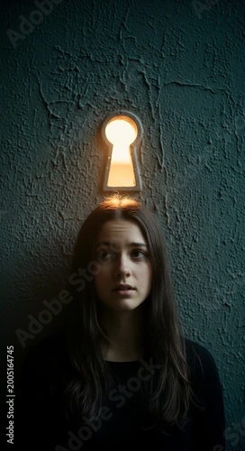Young woman with a glowing keyhole above her head, symbolizing discovery, revelation, inner vision, curiosity, and enlightenment.