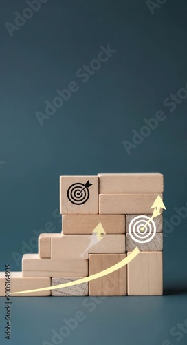 Wooden blocks stacked into stairs with target icons and upward arrows, symbolizing progress, achievement, and reaching goals