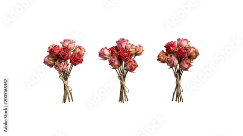 Three miniature bouquets of dried dark red roses tied with twine on a transparent background