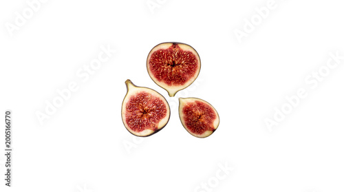 Foto Three fresh ripe purple fig halves showing pink seedy pulp on a transparent back