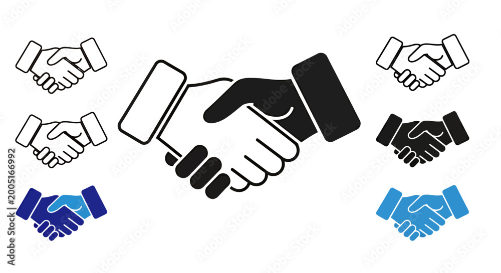 Fototapeta premium Group of handshake illustrations representing agreement, partnership, and collaboration in business contexts.