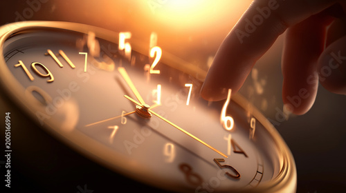 Person touches clock hand to adjust time at sunset in warm light