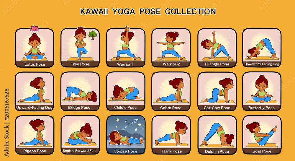 Fototapeta premium Cartoon Yoga Asanas for Beginners - 18 Poses with Names