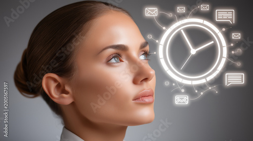 Woman looking up with focus on time and communication in a business setting during daytime