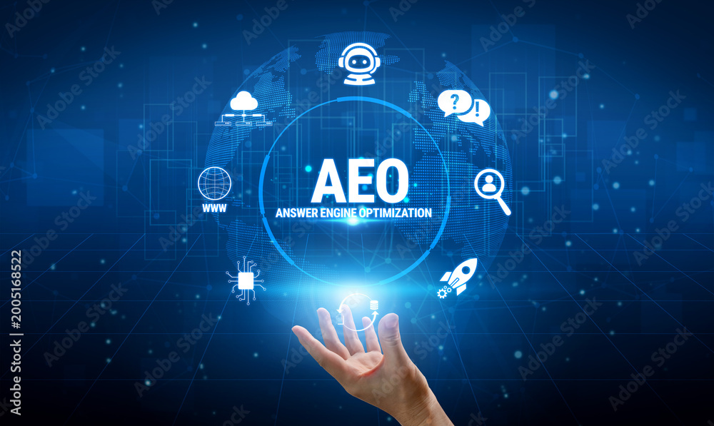 Obraz premium Digital Concept of Answer Engine Optimization with Icons Representing Technology, Data, and Search Functionality in Futuristic Environment Fluxor.
