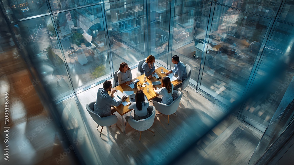 Obraz premium Diverse Gen Z team collaborating in modern glass-walled office with city view, high-angle shot
