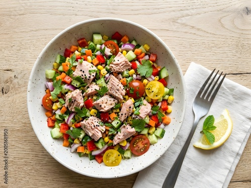 Tuna salad served in bowl with vegetables, simple and healthy homemade meal