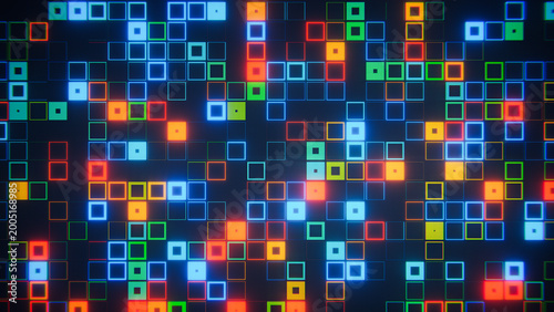 Digital pixel grid displaying colorful glowing squares for technology and gaming concepts