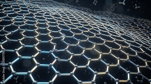 Abstract 3D rendering of a Graphene sheet, a two-dimensional nanomaterial with a hexagonal lattice structure, representing advanced nanotechnology and material science innovation