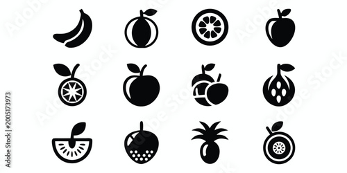 Assorted fruits icons set with banana, apple, orange and pomegranate