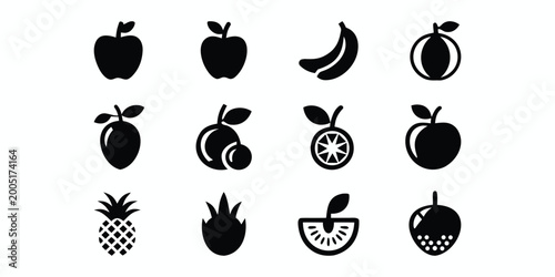 Assorted fruit icons in black and white including apple, banana, peach, pineapple, pomegranate, and watermelon