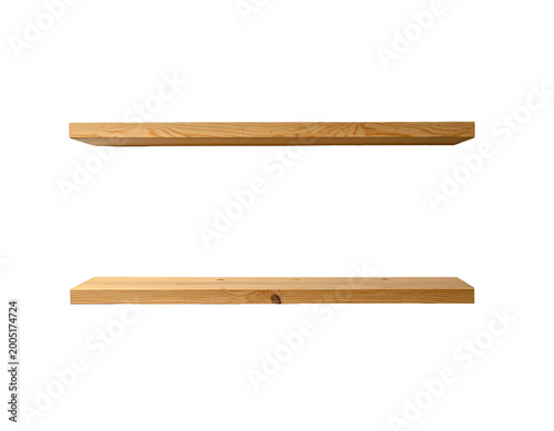 Two modern wooden shelves against a white background