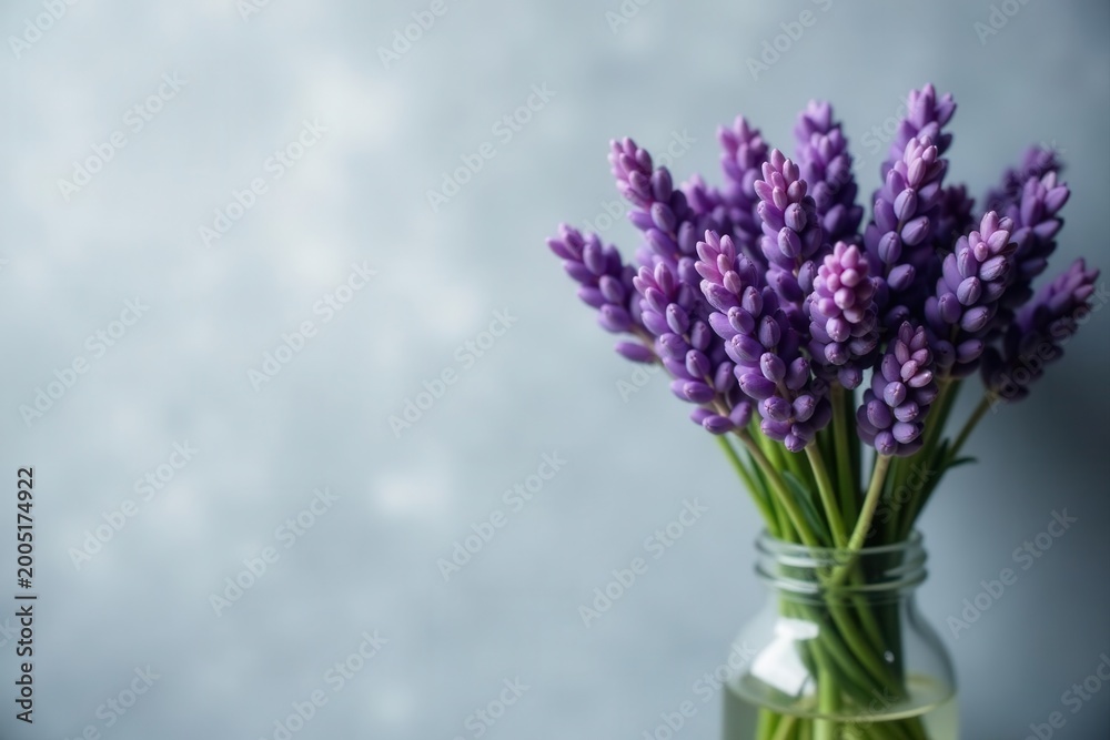 Fototapeta premium Lavender bouquet, grey backdrop, soft light, natural hues, image, blossom