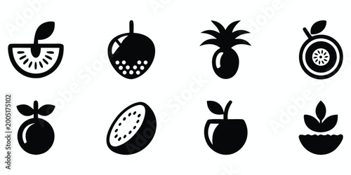 Assorted fruit icons in black and white including apple, coconut, and citrus slices