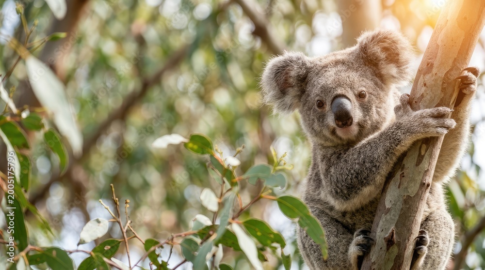 Fototapeta premium Koala clinging to a eucalyptus tree in the Australian bush