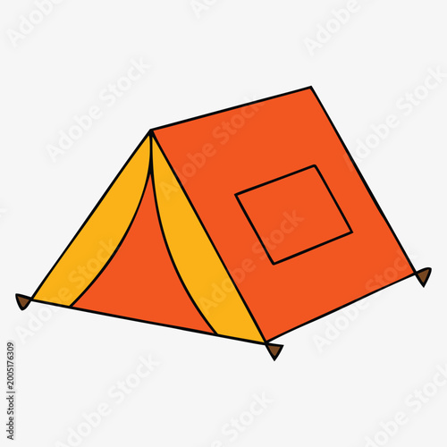 Bright orange camping tent with an open door in a triangular shape