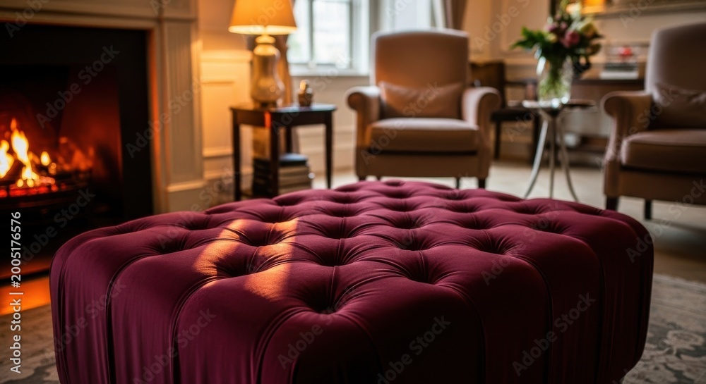 Fototapeta premium Plush burgundy velvet tufted ottoman in a luxurious interior setting