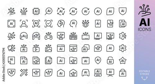 AI, Artificial Intelligence Line Icons Set. Set of AI technology, prompt, content generation, machine learning, assistant, chatbot, agent, business automation vector icons with editable stroke