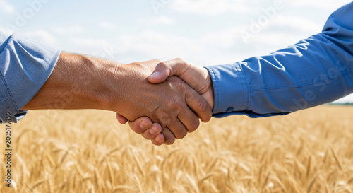Close-up of a handshake between two people in a field. This represents an agreement, partnership, and trust against a golden wheat backdrop.