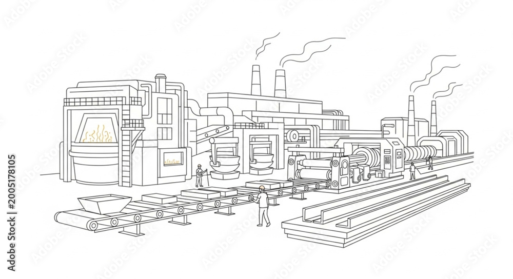 Fototapeta premium Workers operate heavy machinery at an industrial factory site outdoors