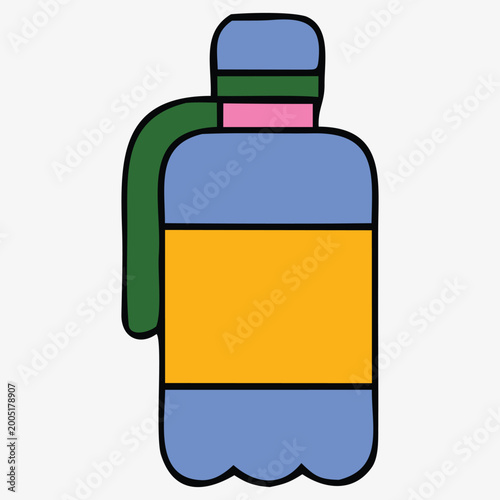 Illustration of a colorful water bottle with a green handle and a blue cap, isolated on a plain background