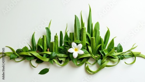 A creative and natural arrangement of fresh greenery, flowers, and herbs, ideal for food presentations or event decoration.