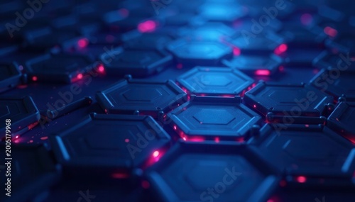 Dark blue honeycomb pattern; glowing energy beneath hexagons , connection, energy