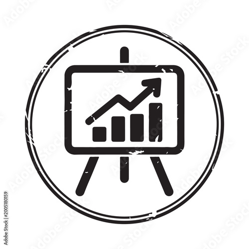 Simple black icon depicting a presentation board with a rising graph inside a circle