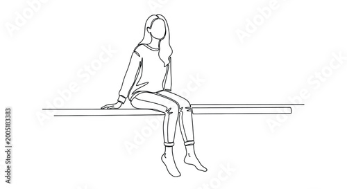 Line art of a young woman sitting down with the simple illustration captures a