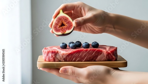 Hands holding a fresh raw ribeye steak topped with blueberries and a fig